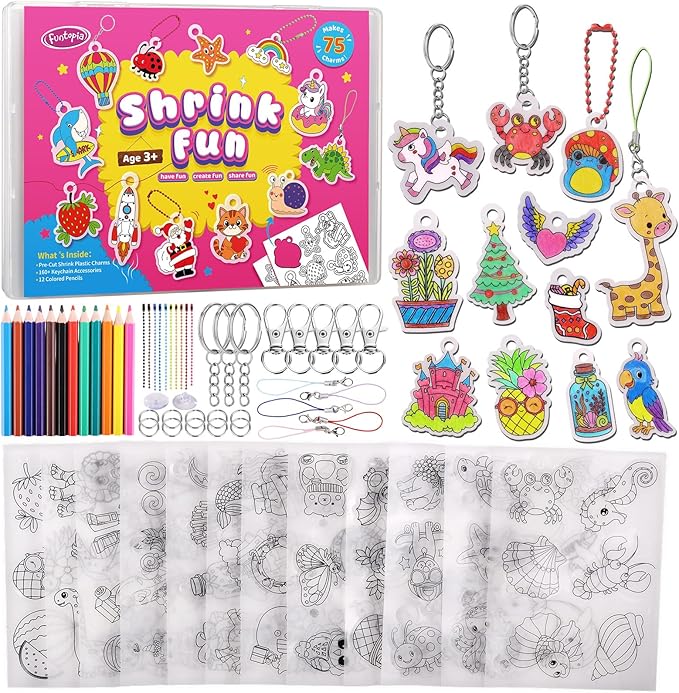 Funtopia Shrinking Art Sheets Kits for Kids, 75 Pre-Cut Shrink Paper Craft Keychain Making Kit, 12 Themes DIY Shrink Art Plastic Sheets with Charms and Keychains Accessories