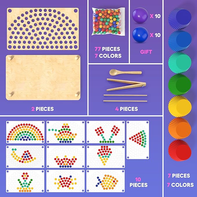 Toddler Wooden Learning Montessori Toys – Preschool educational board bead game Baby Rainbow Stacking Matching Counting Color Sorting for fine Motor Math Skills Boys and Girls for 3 4 5 Years Old
