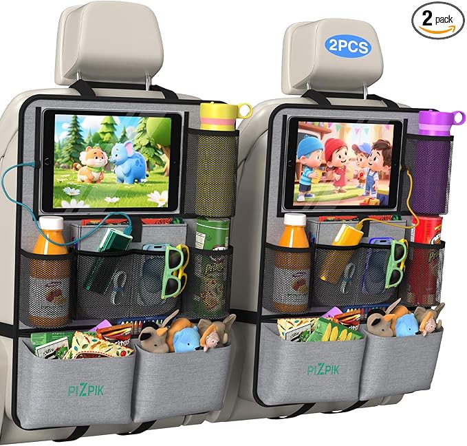 Plzpik Car Backseat Organizer with Tablet Holder,11 Storage Pockets with Foldable Food Tray, Protector Kick Mats for Kids, Travel Accessories Organizer (Gray, 2-Pack)