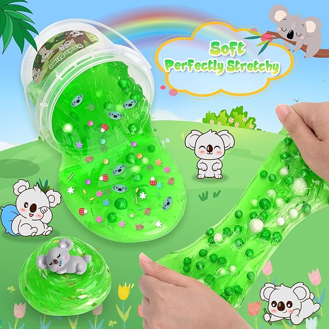 Koala Slime Kit 10oz, Vibrant Green Clear Slime Bucket for Kids Ages 8-12 with Various Add-ins, Non-Sticky & Stretchy, Slimes Party Favors Birthday, DIY Sensory Toys
