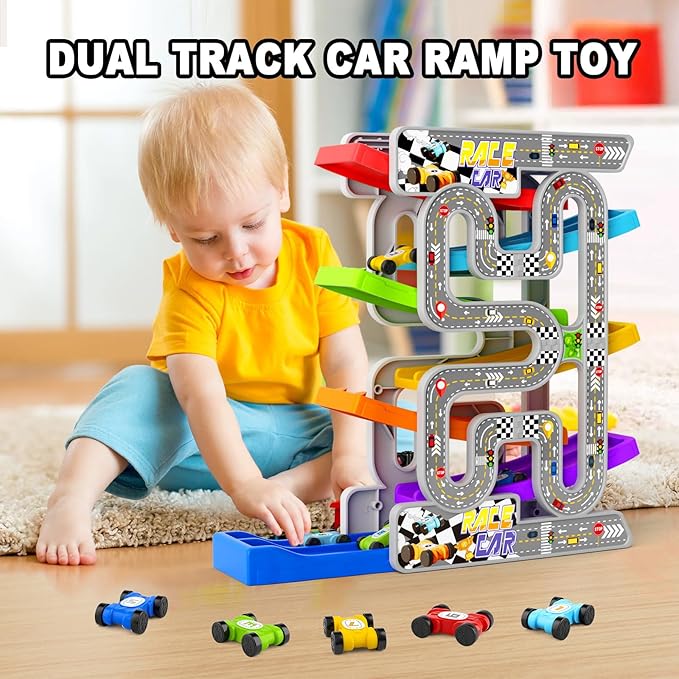 aotipol Toddler Toys for 2 3 Year Old Boy Girl, Double-Track Car Ramp Toy with Pull-Out Parking Lots & 10 Mini Cars, Montessori Toy Birthday Gifts for Toddlers Boys Girls Age 18+ Month Old, New Track