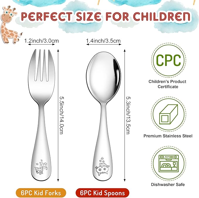 LIANYU Kids Silverware Set 12 PCS, Toddler Utensils Set Includes 6 Toddler Spoons and 6 Forks, Stainless Steel Silverware for Kids, Children Flatware Cutlery for Self-Feeding, Dishwasher Safe