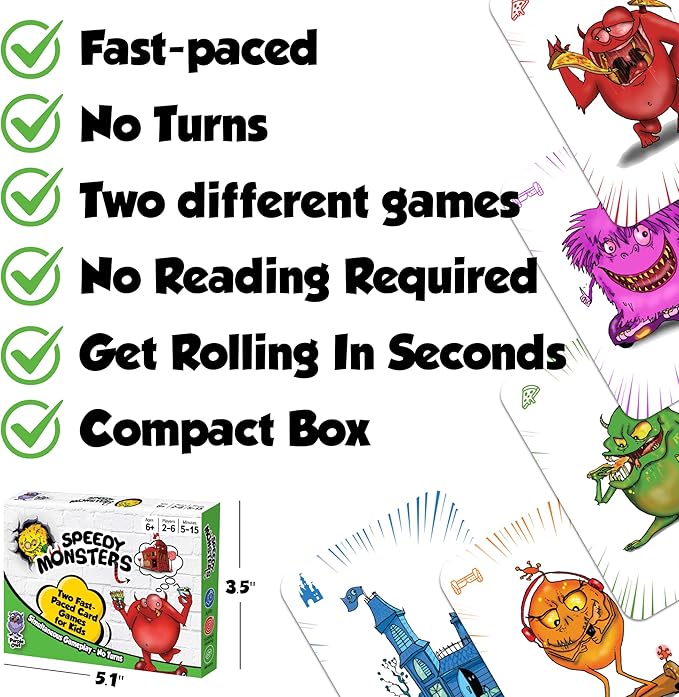 Speedy Monsters - Card Games for Kids Ages 4-8, Fast-Paced and Easy to Learn. Fun, Colorful Monster Match Game. No Reading Required. No Turns, Everyone Plays at Once. for 2-6 Players