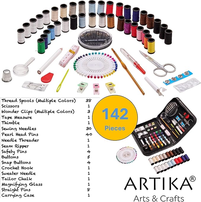 ARTIKA Sewing Kit for Adults and Kids (142 PCS) - Small Beginner Set w/Multicolor Thread, Needles, Scissors, Thimble & Clips - Emergency Repair and Travel Kits - Sewing Accessories and Supplies