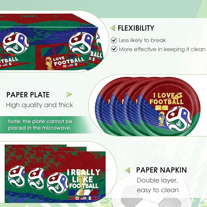 41Pcs World Cup Party Decorations World Cup 2026 Party Supplies Football Soccer Theme Plates Napkins Tablecloth,for 2026 WorldCup Watch Party Game Day Kids Birthday Global Soccer Celebration Supplies
