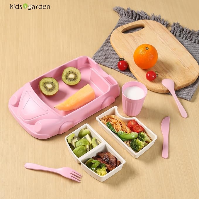 Kids garden Car Plate 8Pcs/Set Bamboo Children Dinnerware Sets - Dishwasher/Microwave Safe Includes Cutlery, Beautiful Plate, Separable Bowls & Cup Happy MealTime, Pink