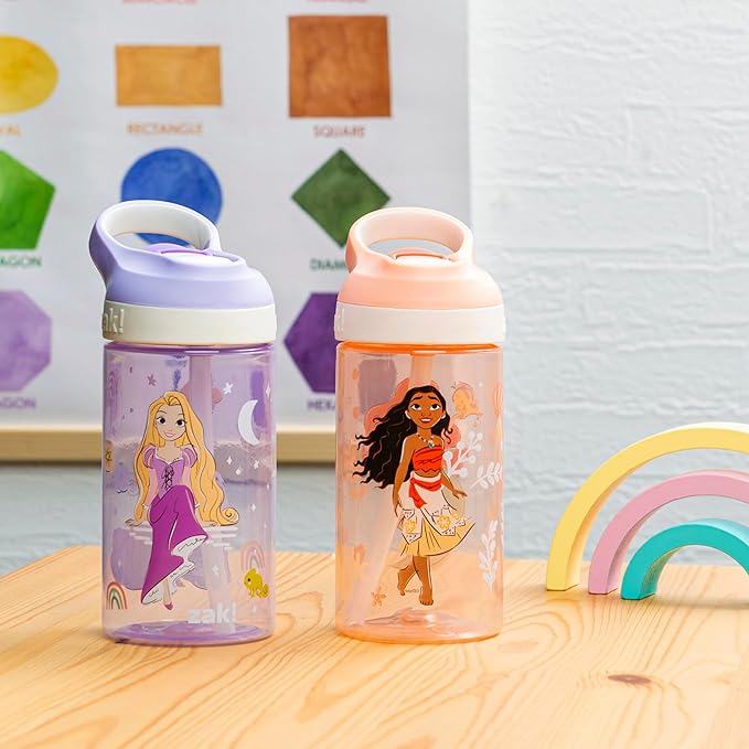 Zak Designs Disney Princess Atlantic Kids Water Bottle For School or Travel, 16oz Durable Plastic Water Bottle With Straw, Handle, Leak-Proof Spout Cover, 2-Pack (Ariel, Cinderella, Moana, Rapunzel)