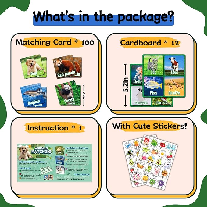 zheyistep 100 PCS Animal Matching Game for Kids Toddlers Memory Game, Animal Match Game Concentration Card Game for Boys Girls Preschool Learning Activities