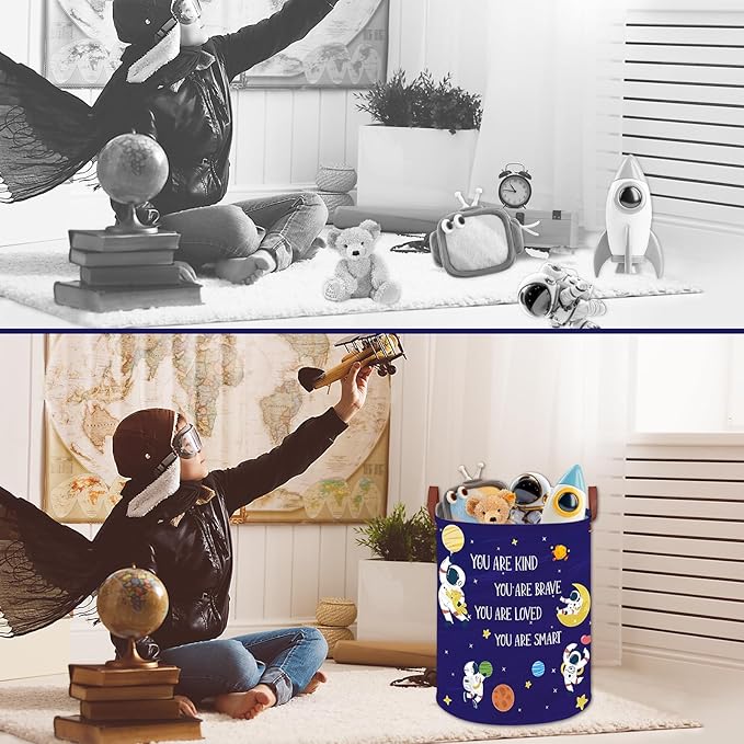 Space Decor for Boys Room Basket -Astronaut Decor Baby Hamper,Planets Stars Kids Toy Basket Storage Bin, Outer Space Blue Laundry Hamper (Space-Astronaut)