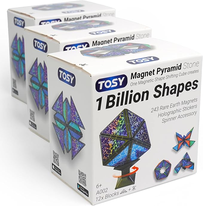 TOSY Magnet Pyramid Stone - 1 Cube Transforms into 1 Billion Shapes (Bunny, Egg, Flowers, Heart), Easter Basket Stuffers Gift, 12 pcs, 243 Magnets, Holographic Design, Puzzle/STEM Toy, 3-Pack