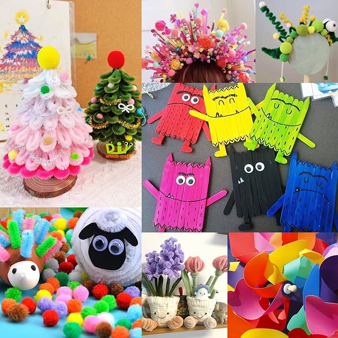 FUNZBO Arts and Crafts Supplies for Kids - Toddlers Craft Kit with Glitter Glue Stick, Pipe Cleaners, Popsicle Sticks, Pompoms & Stickers, Homeschool Supplies, Toys Crafts for Girls Boys Age 4+
