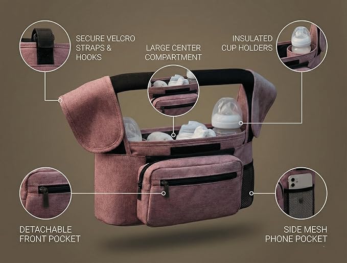 Stroller Organizer with Insulated Cup Holders - Universal Pink Baby Stroller Bag Caddy with Detachable Phone Pocket, Diaper Storage, Adjustable Straps for Uppababy, Doona, Baby Jogger, Britax