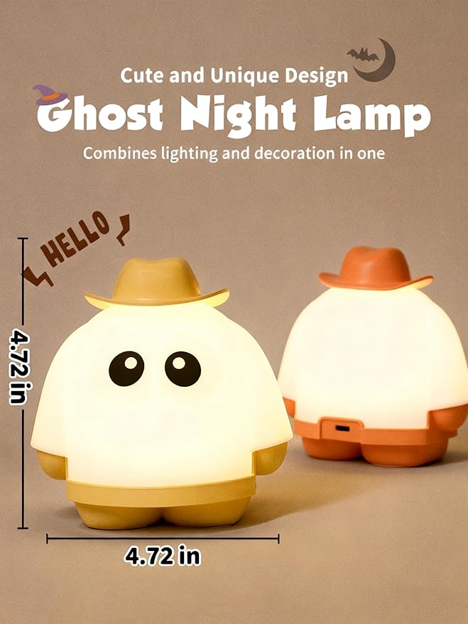 Ghost Night Light, Rechargeable Bedside Lamp, Portable Sleep Nightlight, Dimmable Night Lamps, Cute Nursery Lamp, Funny Gifts for Kids Teens Adults(Yellow)