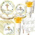 Pickmesh 194 Pcs God Bless Baptism Party Decoration Boy for 24, Sage Green Baptism Confirmation Paper Plate Napkin Cup Tablecloth Cutlery for First Holy Communion Christening Baby Shower Supplies
