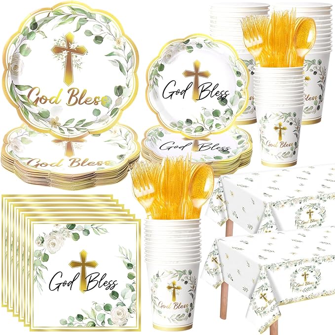 Pickmesh 194 Pcs God Bless Baptism Party Decoration Boy for 24, Sage Green Baptism Confirmation Paper Plate Napkin Cup Tablecloth Cutlery for First Holy Communion Christening Baby Shower Supplies