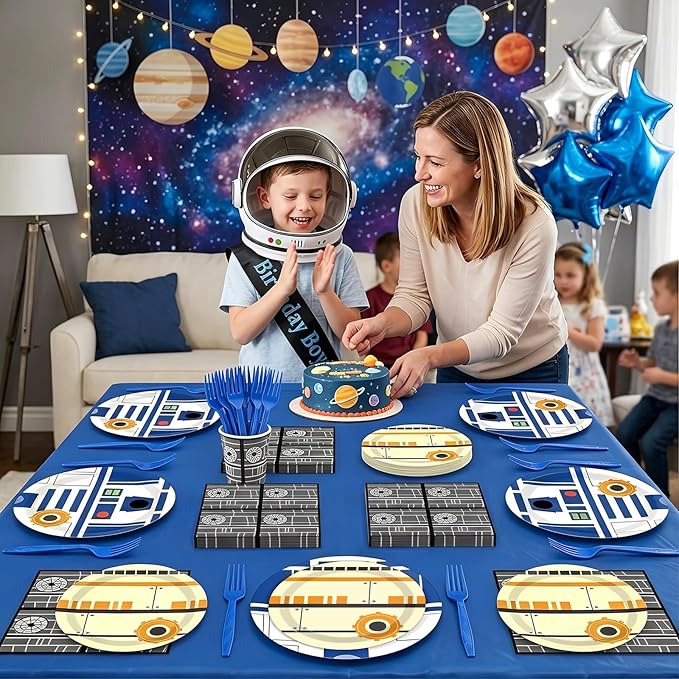 96 Pcs Galaxy Movie Star Birthday Paper Plates and Napkins Stars Party Decorations Space Theme Tableware Galaxy War Disposable Dinnerware Set for Universe Outer Space Birthday Party Serves 24 Guests