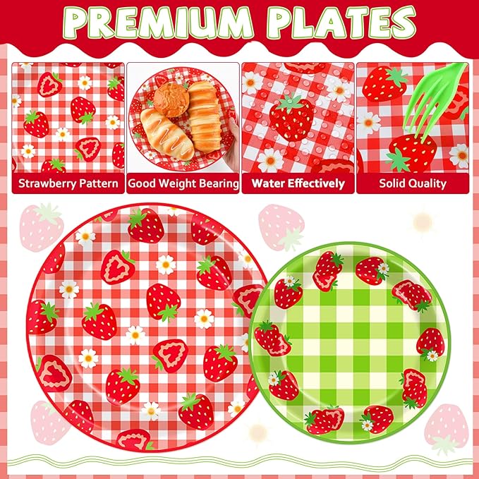 96Pcs Strawberry Party Plates and Napkins Birthday Party Supplies Spring Summer Fruit Paper Dessert Plates Strawberry Themed Tableware Set Disposable for 24 Guests 1st Birthday Party Decorations