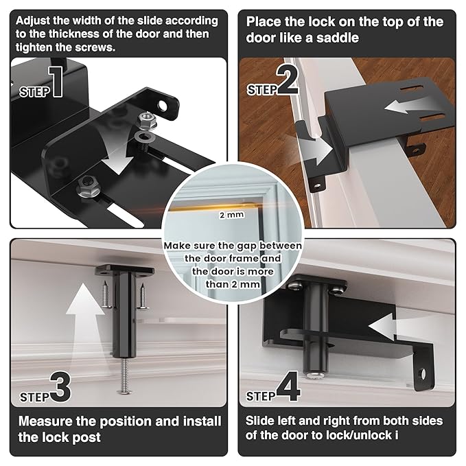 2 Pcs Adjustable Child Safety Door Top Lock, Child Safety Top Lock For Door, Metal Top Of Door Locks For Kids Safety, Door Top Lock For Interior Exterior French Door For Childproofing Black