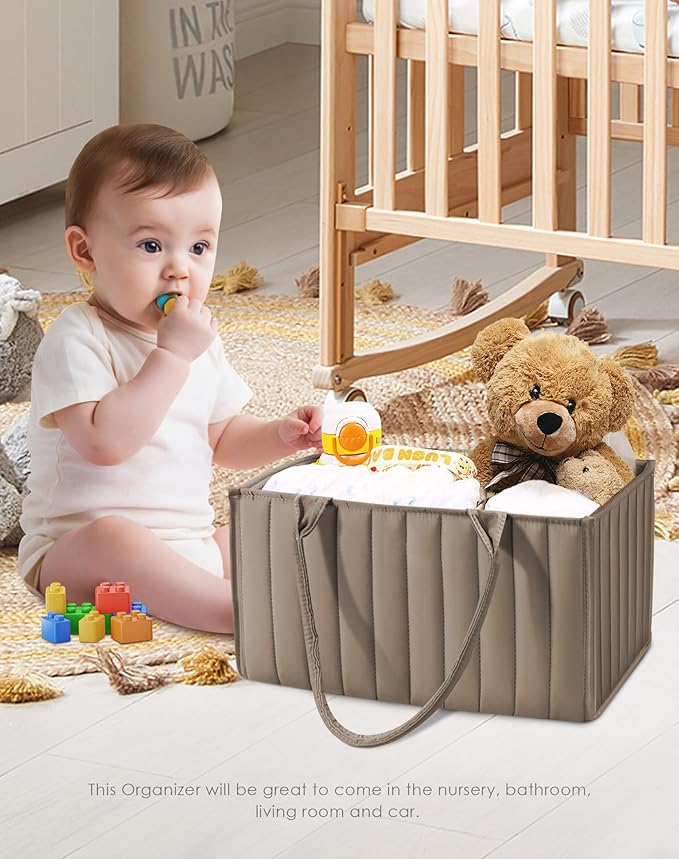 SWEET DOLPHIN 2-Pack Quilted Diaper Caddy Organizer – Premium Puffer Style Nursery Storage Bins – Water-Resistant & Wipeable Changing Table Organizer – Trendy Tote for Home & Car Travel - Mocha Brown