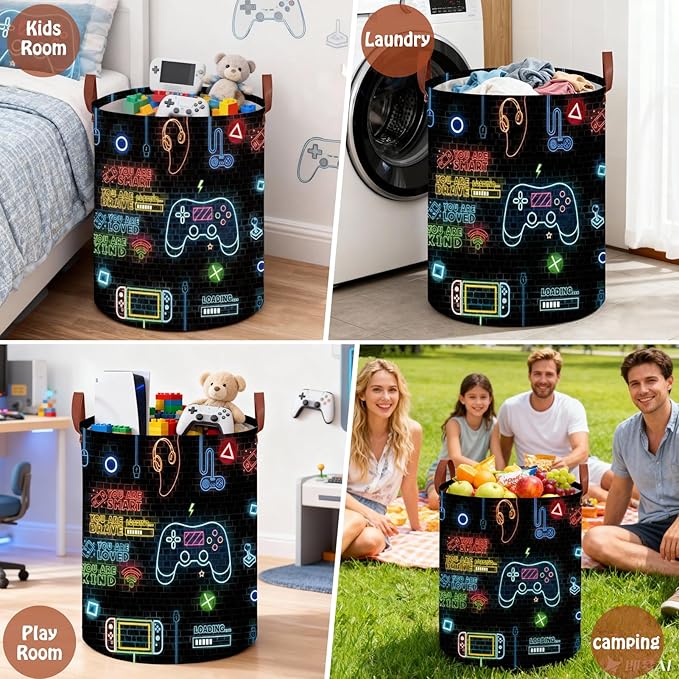 Gaming Laundry Basket ,Large Neon Color Nursery Hamper,Gamer Room Decor for Boys,Collapsible Clothes Towel Toy Book Storage Bin for Dorm Nursery Bedroom(Round)