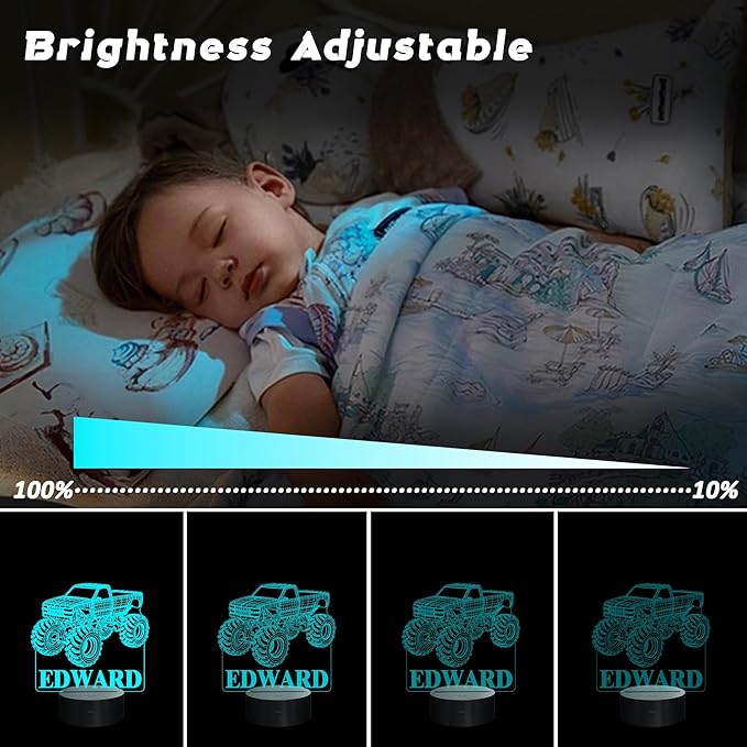 CoolGift Mart Customized Monster Trucks Night Light for Boys, 3D LED Optical Illusion Lamp with Remote Control and Timer, Perfect Christmas and Birthday Gift Idea for Boys, Kids, and Teens
