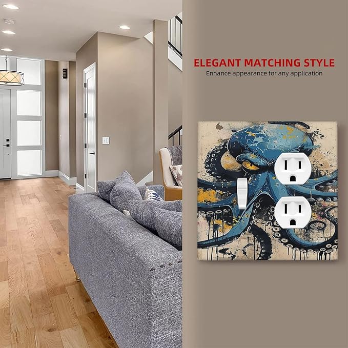 Wallplates Nautical Vintage Blue Octopus Yellow Eyes Oil Watercolor 1 Toggle 1 Duplex Switch Plate Electrical GFCI Faceplate Decorative Light Switch Covers for Kids room Nursery Decor