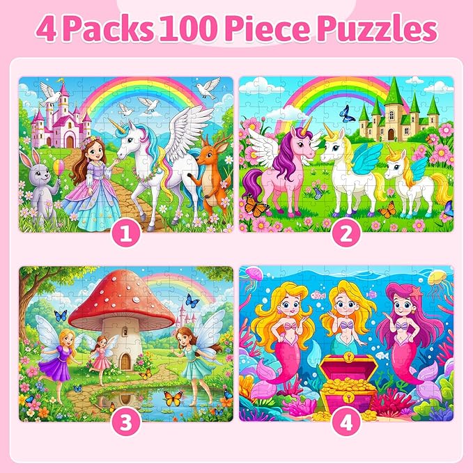 100 Piece Puzzles for Kids Ages 4-6 6-8 8-10, 4-Pack Princess Fairy Mermaid Unicorn Jigsaw Puzzles 100 Pieces Kids Puzzles Ages 3-5 4-6 5-8, Learning Toys Educational Gifts for Girls Boys 15x10 in