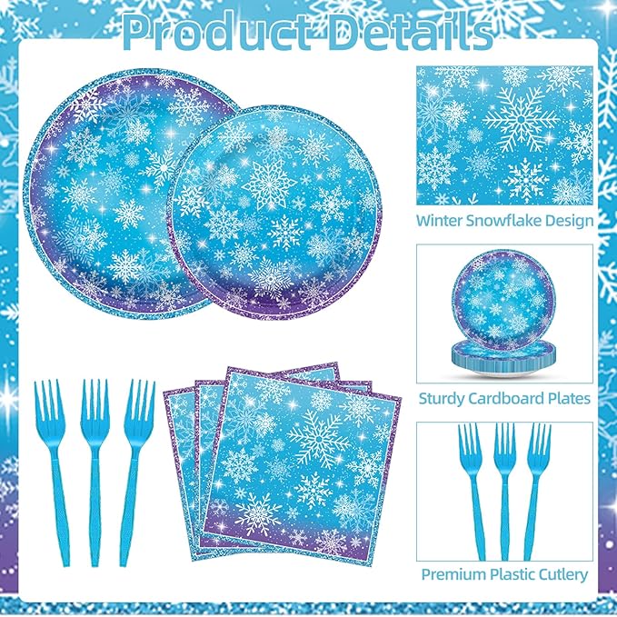 100 Pcs Snowflake Winterland Tableware Party Supplies Set, Serves 25 – Disposable Snowflake Paper Plates, Napkins, and Forks, Winter Dinnerware for Christmas, Birthday, and Baby Shower Decorations