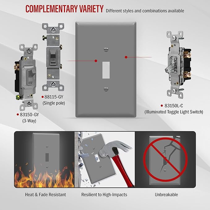 ENERLITES Toggle Light Switch Wall Plate, Gloss Finish, Jumbo Switch Cover, Oversized 1-Gang 5.5" x 3.5", Unbreakable Polycarbonate Thermoplastic, 8811O-GY, Gray