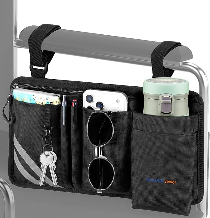 Wheelchair Side Bag with Cup Holder, Universal Armrest Organizer with Reflective Strips & Mesh Pockets, Water-Resistant Storage for Wheelchairs, Walkers, Rollators & Strollers (Black)