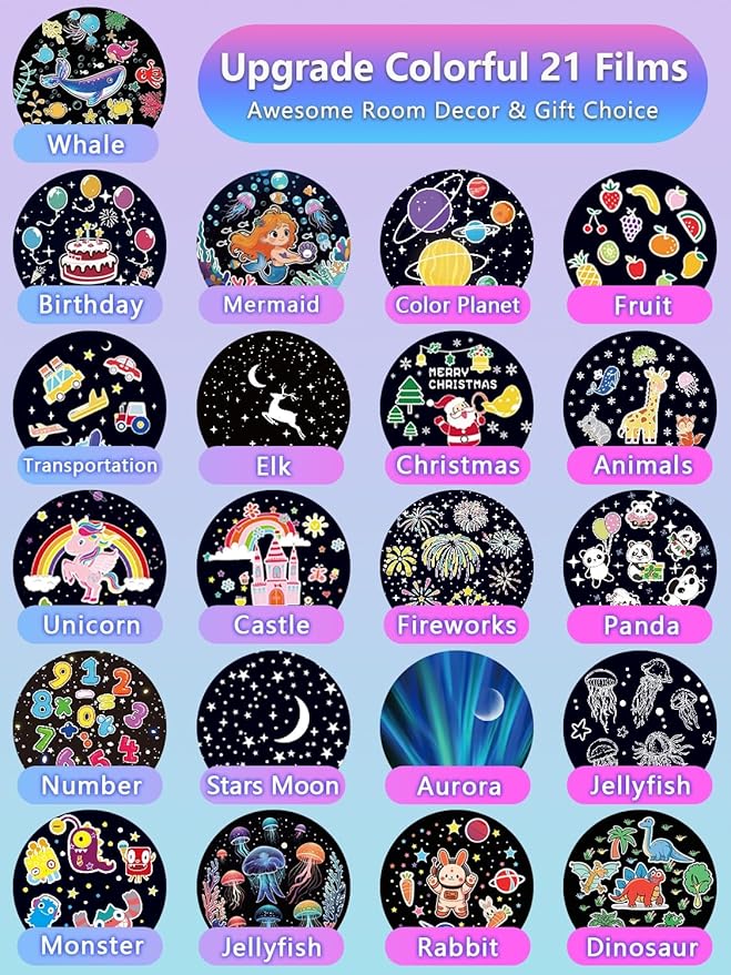 Projector Night Light for Kids + 21 Sets of Films, Night Light Projector for Bedroom, Ceiling, Kids Star Galaxy Projector with 360° Rotation for Baby Girl Boy, Birthday, Christmas, Nursery, Room Decor
