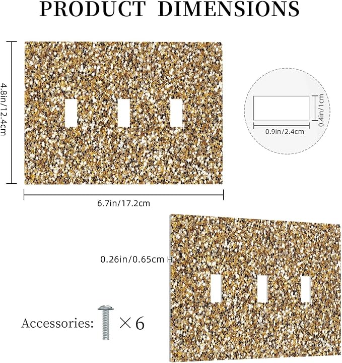 Decorative Light Switch Cover Plate Gold Glitter Sequins 3 Gang Wall Plate Triple Toggle Switch Plate Covers Electrical Outlet Cover for Bedroom Cabin Decor