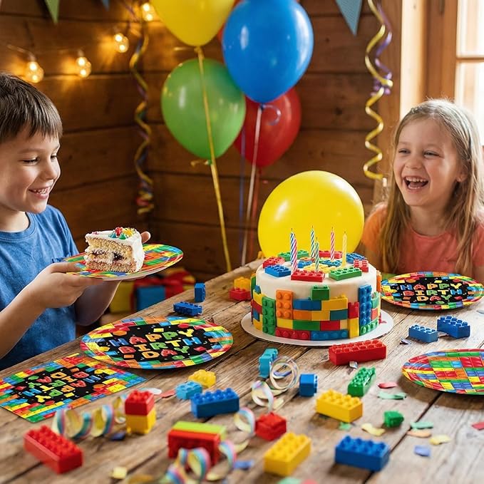 40Pcs Building Block Party Supplies Building Blocks Birthday Paper Plates Tableware Set Colorful Blocks Supplies Include Paper Plates Napkins for Birthday Party Decor Supplies