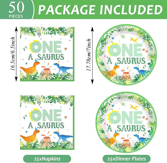 CHUNNIN 50PCS One A Saurus Birthday Party Paper Plates and Napkins Dinosaur First Birthday Decorations Dinosaur First Tableware Set Serves 25 Guests Boy Kids Dino Baby Shower Party Supplies