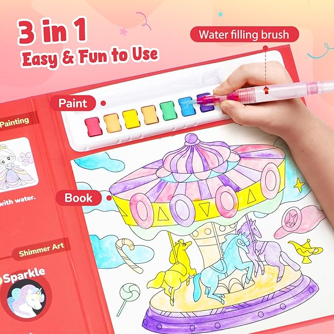 JoyCat Paint with Water Coloring Books, Art & Craft Activity, No Mess Art for Kids Ages 4-8, Craft Kits & Supplies, DIY Creative Activity, Gifts for Girls & Boys (Funfair)
