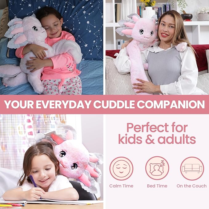 Huggle Healers Weighted Stuffed Animals for Adults, Teens and Kids - 36 Inch Long Plush Arms Pink Stuffed Animal for Hugs - 4.5lb Axolotl Plushies - Ula Axolotl