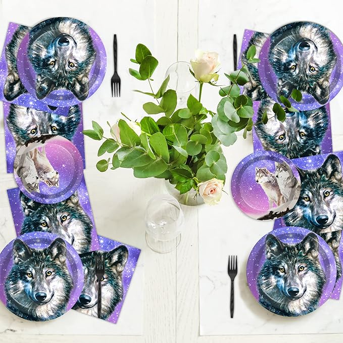 96 Pcs Wolf Party Plates Napkins Tableware Set Wolf Animal Birthday Supplies Disposable Dinnerware Wolves Decoration Favors for Boys Girls Birthday Baby Shower, 24 Guests