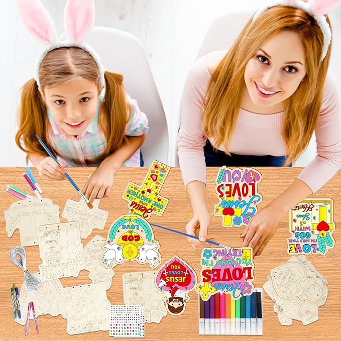 16 Pack Easter Jesus Loves Me Crafts for Kids Wooden Religious Wind Chime Crafts Kits Make Your Own Christian Crafts Wooden DIY Arts for Party School Classroom Decorations Supplies Birthday Favors