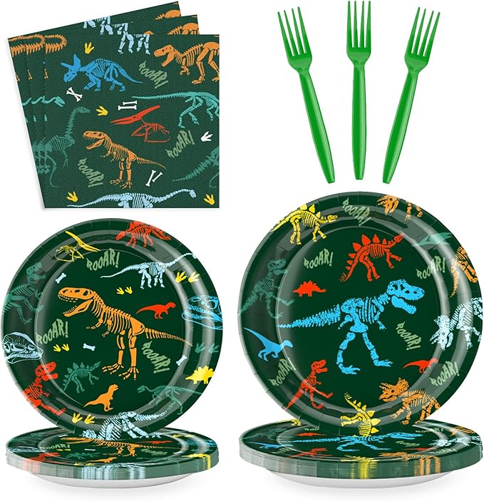 Dinosaur Birthday Party Supplies for Kids 96 Piece Dino Theme Tableware Set Includes Disposable Paper Plates, Napkins and Forks Dinosaur Decorations for Boys Birthday Party, Serves 24 Guests