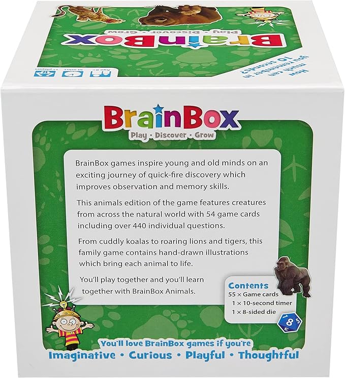 BrainBox Animals Card Game - Memory & Observation, 55 Detailed Scene Cards, Family-Friendly Trivia for Kids & Adults, Ages 8+, 1+ Players, 10 Min Playtime, Made by Green Board Games