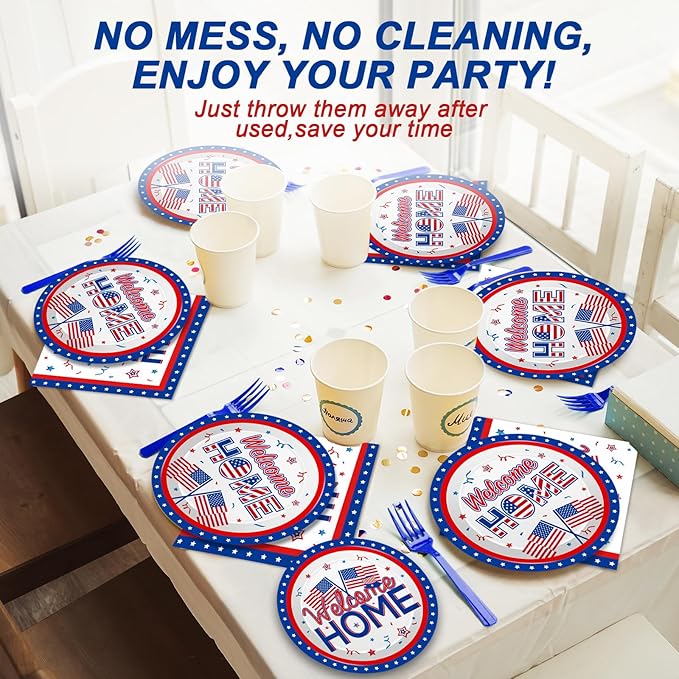 100Pcs Military Welcome Home Decorations Patriotic Army Soldier Homecoming Plates Napkins Proud of You Deployment Returning Party Decor Supplies Red White Blue Welcome Home Tableware Serve 25 Guests