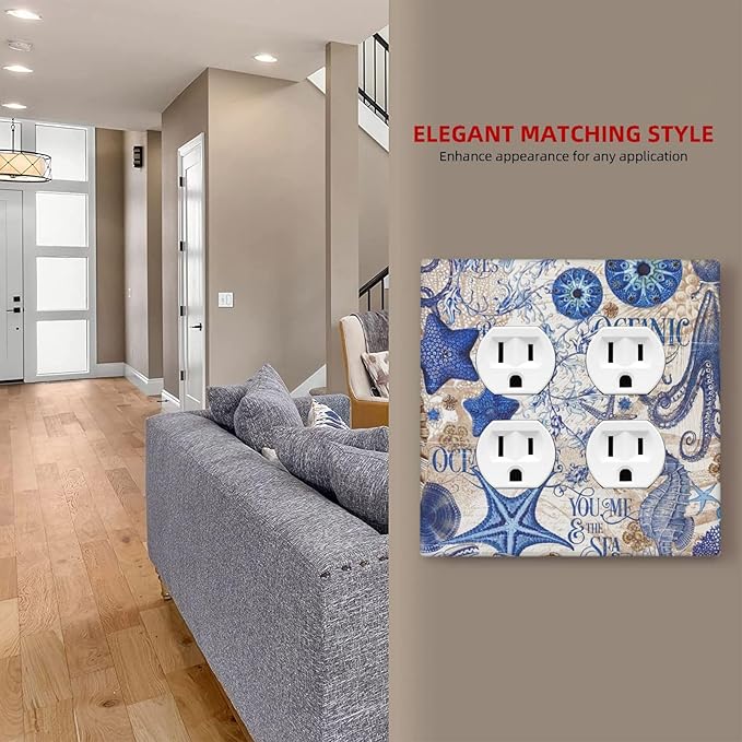Outlet Covers Vintage Sea Blue Seahorse Starfish Octopus 2 Gang Double Duplex Decorative Light Switch Covers Electrical Wallplates Socket Faceplate For Kids Room Home Decor