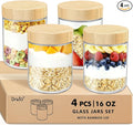 DRKIO 16 Oz Overnight Oats Containers with Bamboo Lids - 4 Pack Glass Storage Jars with Airtight Lids Wide Mouth Mason Food Jars Great for Meal Prep Salad Chia Pudding Snacks Yogurt Sugar Spice Cereal