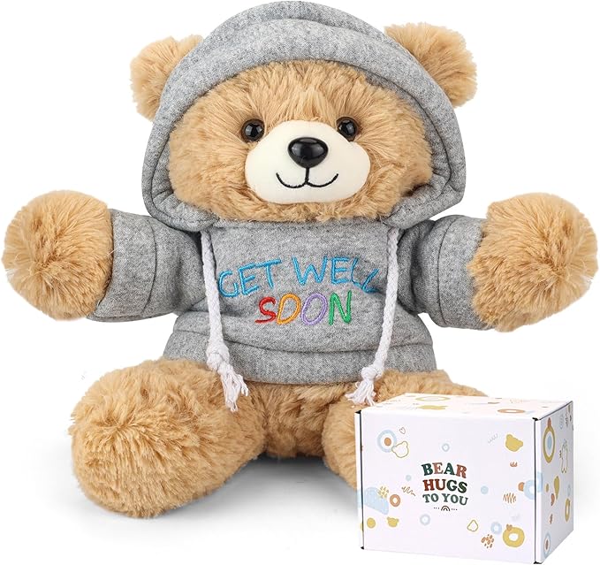 Osacoe Get Well Soon Teddy Bear Stuffed Animal with Gift Box Removable Hoodie for Comfort and Love, for Kids, Women & Men in Tough Time, Get Well Soon Gifts Basket with Beautiful Greeting Card