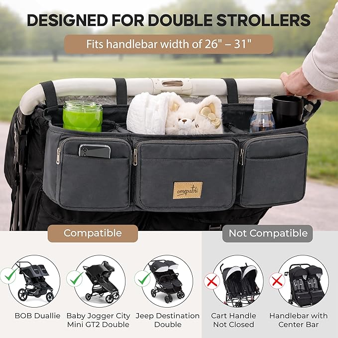Double Stroller Organizer, Double Stroller Caddy Compatible with Bob Duallie, Baby Jogger City Mini GT2, Jeep - Universal Stroller Accessories with Cup Holders