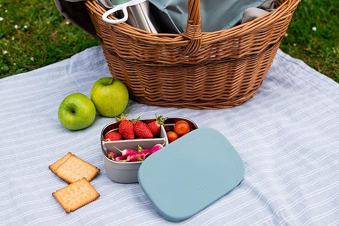 Beaba Stainless Steel Lunch Box, Kids Lunch Box with Silicone Lid, Bento Style Food Containers, Removable Silicone Dividers Make 1-3 Compartments, Rain