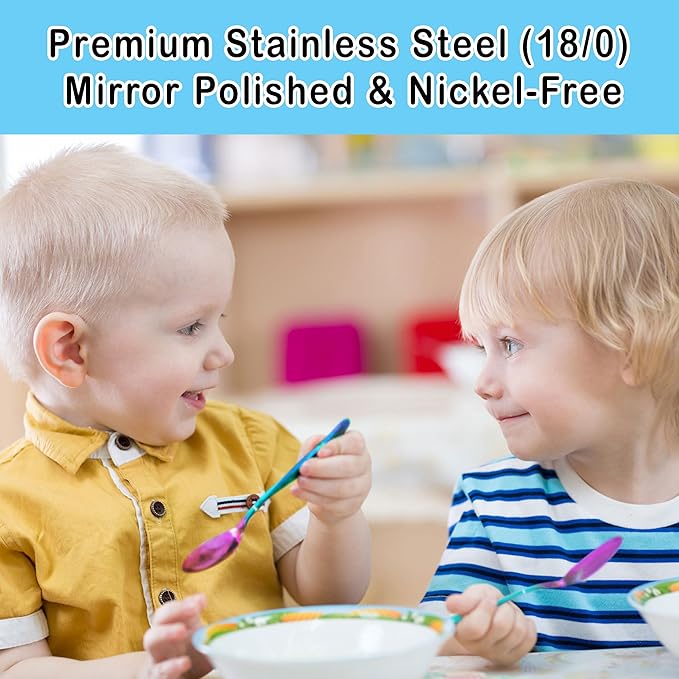 12 Piece Stainless Steel Kids Silverware Set - Child and Toddler Safe Flatware - Kids Utensil Set - Metal Kids Cutlery Set Includes 4 Small Kids Spoons, 4 Forks & 4 Knives - UV Rainbow