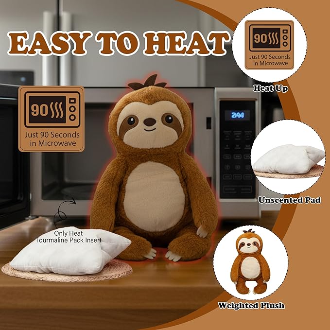 Weighted Heating Sloth Stuffed Animals - 16 Inch Big Microwavable Sloth with Zipper Cute Heating Pad Plush Toy Washable Unscented Comfort Hug Pillow for Kid Teen Adult Birthday Gift 2.2 Lbs