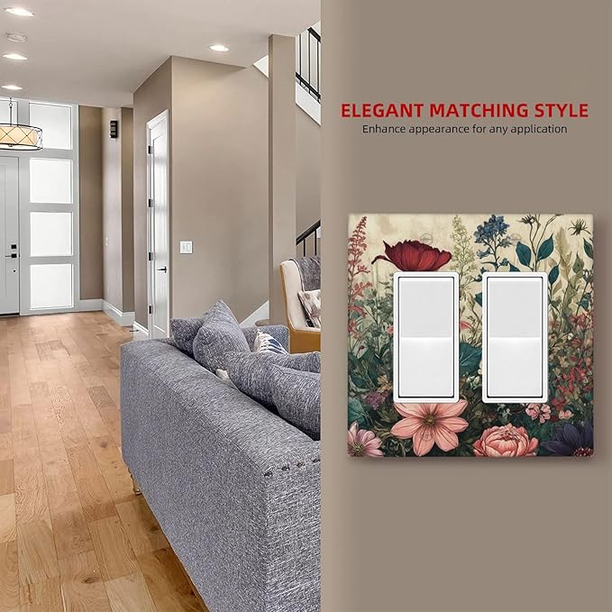 Decorative Outlet Covers Rustic Wildflower Red Floral Green Plant 2 Gang Wall Plate Double Rocker Two Switch Wall Cover Plate Jumbo Dual Electrical GFCI Face Plate