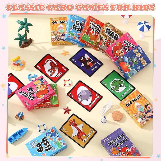 Zubebe 42 Pack Kids Card Games Gifts Bulk Classic Playing Card Game Set for Kids Includes Go Fish, Old Maid, Crazy Eights, Memory Match, Slap Jack, Playing Toy for Party Favors (Vivid)